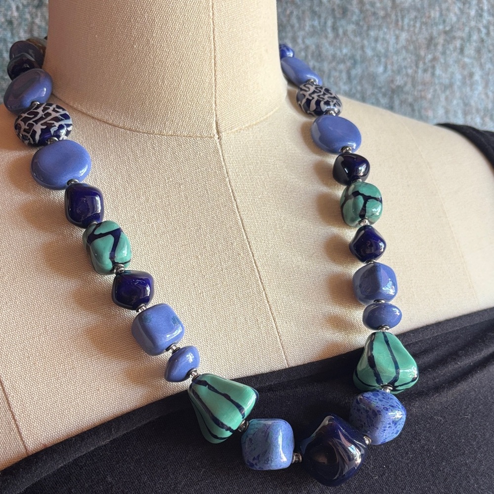 Chunky Blue and Teal Ceramic Statement Necklace